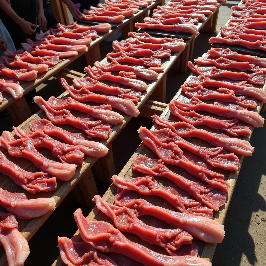 Quá trình phơi gân bò dưới ánh nắng mặt trời để tạo nên món gân bò một nắng thơm ngon